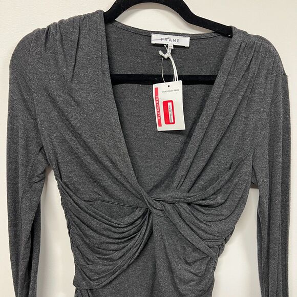 FRAME Charcoal Draped Twist Front Top Ruched Modal Long Sleeve Blouse Sz S NWT - Picture 3 of 14
